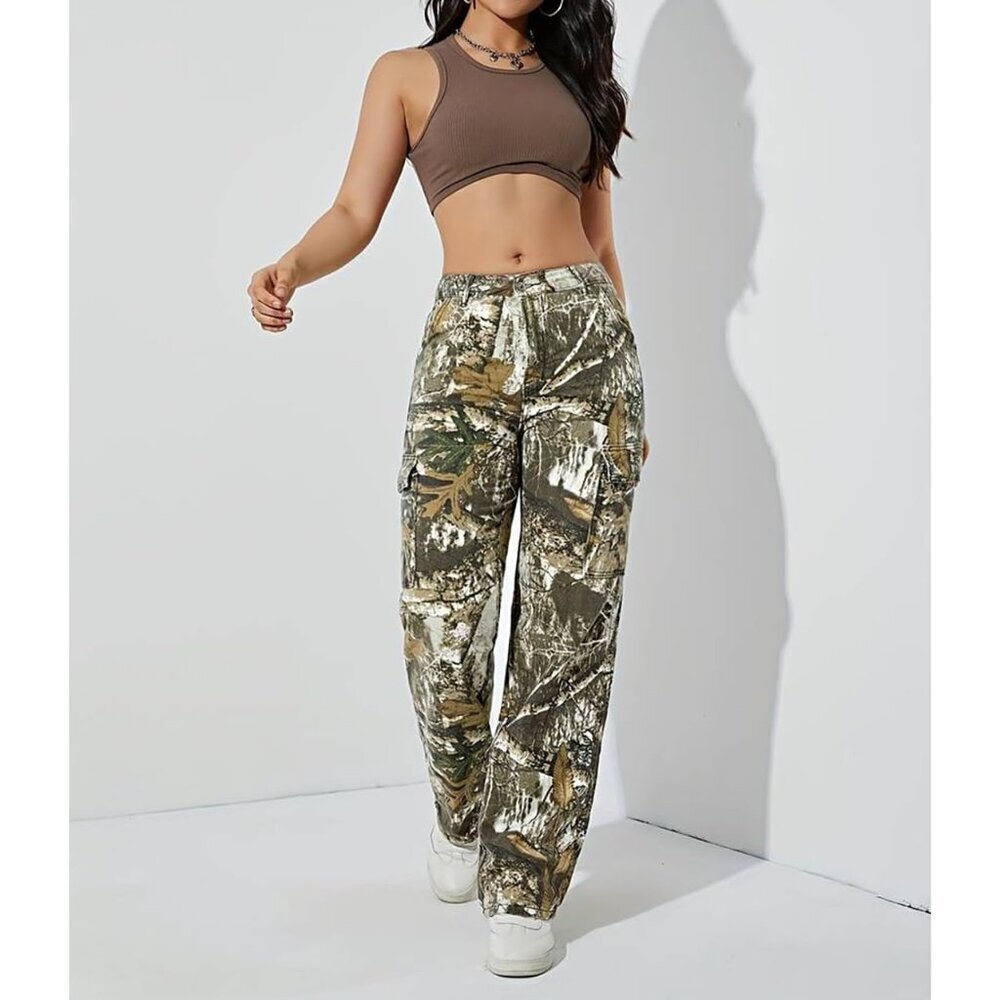 Women Camouflage Cargo Pants Cotton Polyester High Rise Wide Leg Trousers - Picture 6 of 7